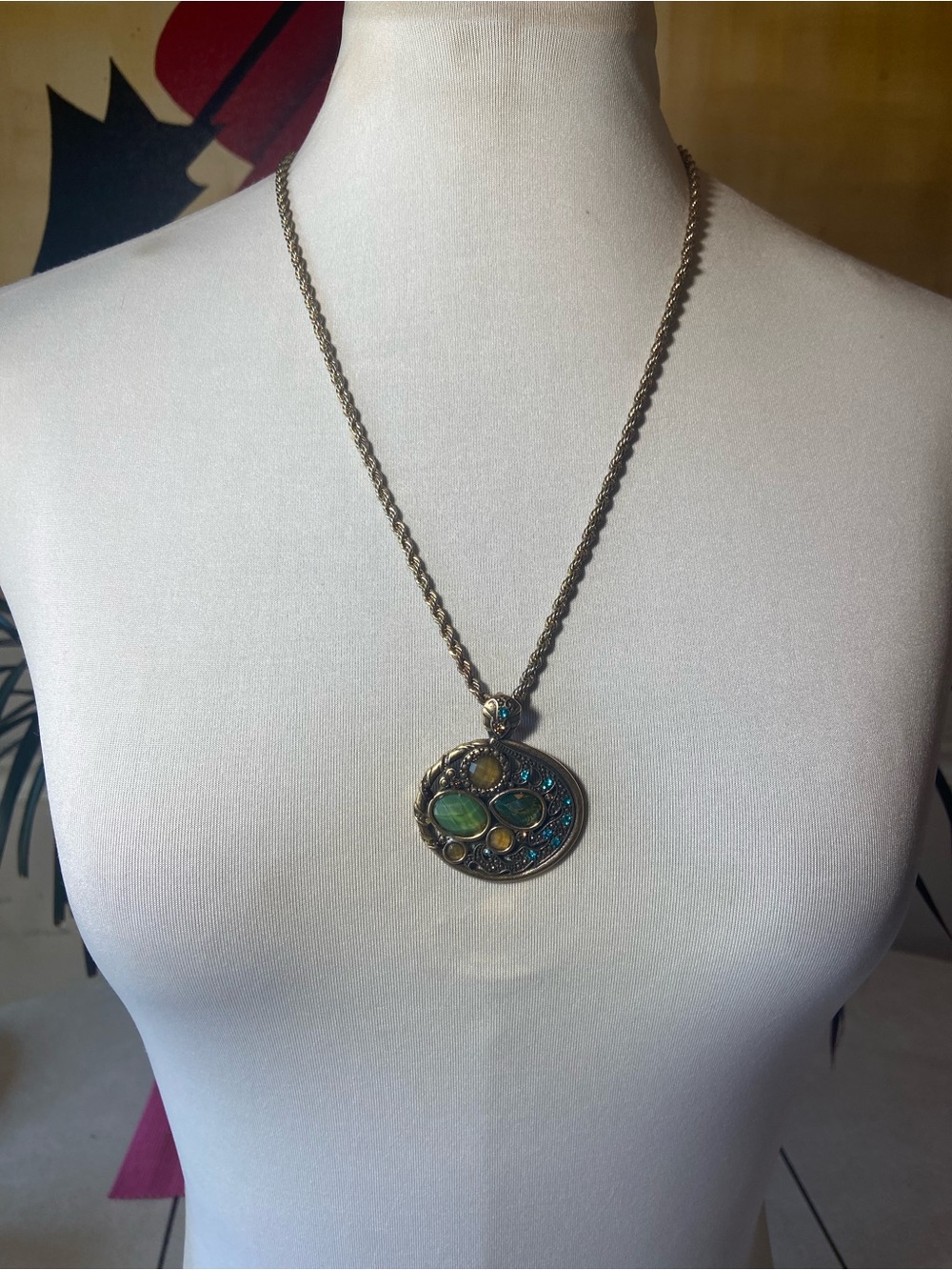 Vintage Green & Teal Stone Pendant Necklace